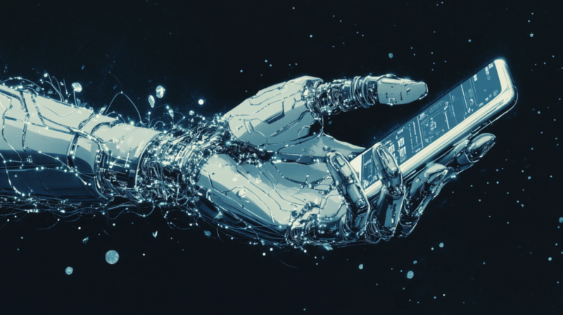Robotic Hand Holding a Smartphone Displaying a Digital Network