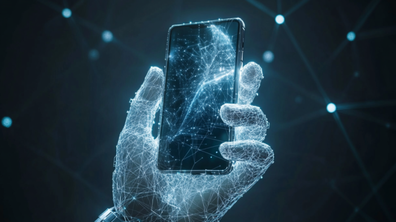 A Hand Holding a Smartphone Displaying a Digital Network, Representing the Concept of AI-First Mobile Apps