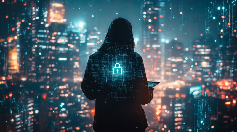 A Person with A Lock Icon on Their Back, Holding a Tablet in Front of A City Background