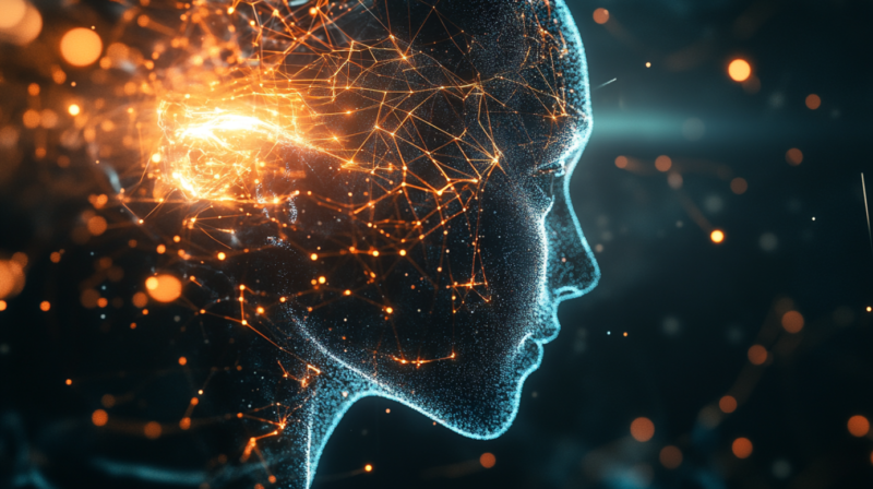 The image depicts a digital human head with glowing neural connections, representing AI in customer experience