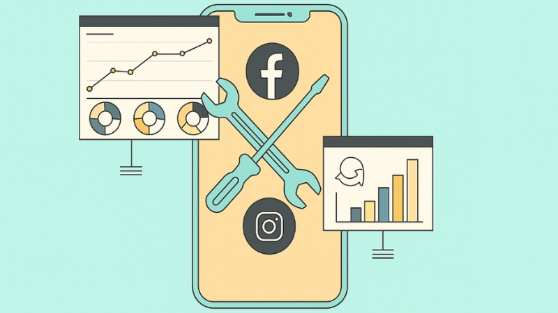 Illustration of a mobile phone with charts, tools, and social icons, representing a social media analytics app setup