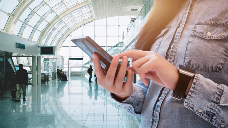 A person uses a mobile device in an airport, emphasizing mobile device security