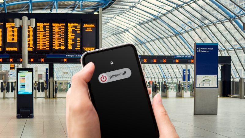 A person powers off their mobile device at an airport before crossing a checkpoint
