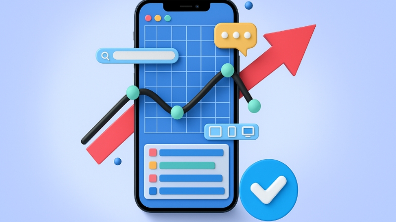 A smartphone with a graph, search bar, and checkmark, representing data-driven eCommerce marketing