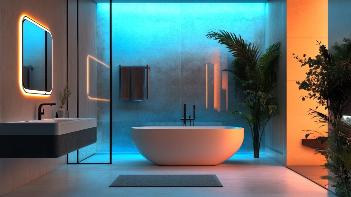 Modern bathroom with color-changing smart lights and a freestanding tub, designed for a spa-like ambiance