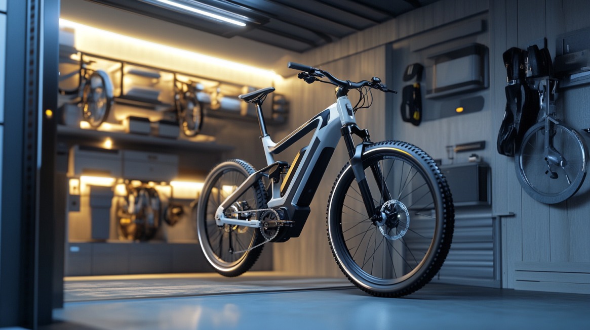 Modern garage featuring an electric bike with built-in charging, wall-mounted tools, and ambient lighting for a smart upgrade