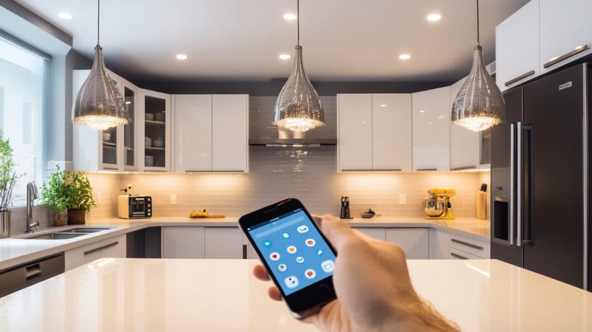 Modern kitchen with smart lighting and appliances controlled via a smartphone app