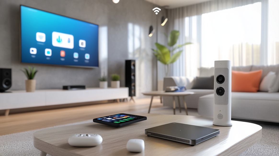 Modern living room featuring a smart TV, smart speaker, tablet, and other connected home devices on a coffee table