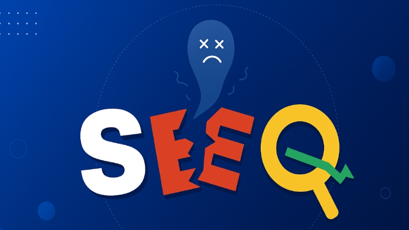 An illustration showing 'SEO Isn’t Dead' with a broken 'E' and a sad ghost above