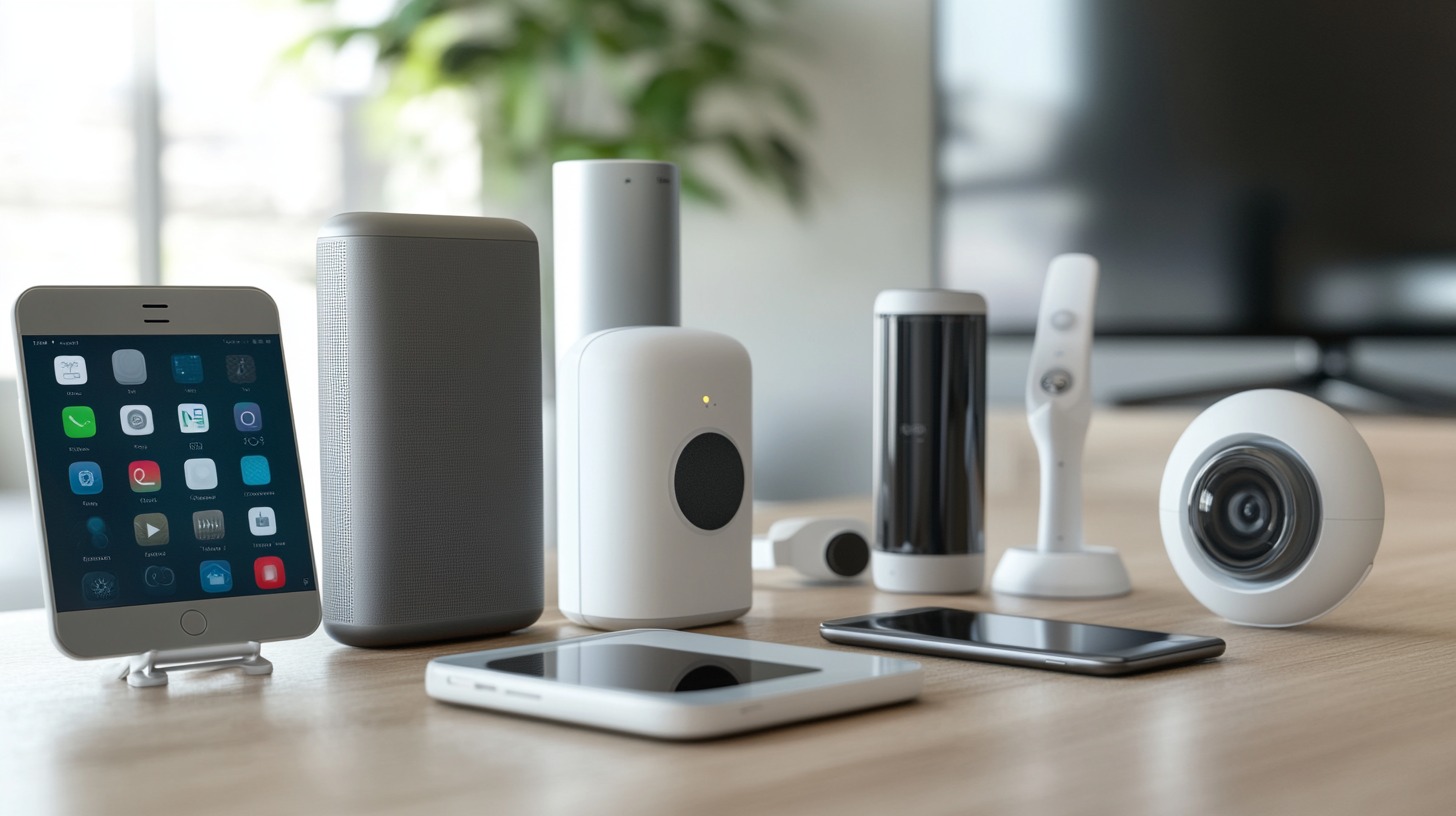 Various smart home devices including a smart display, speakers, cameras, and sensors arranged on a table