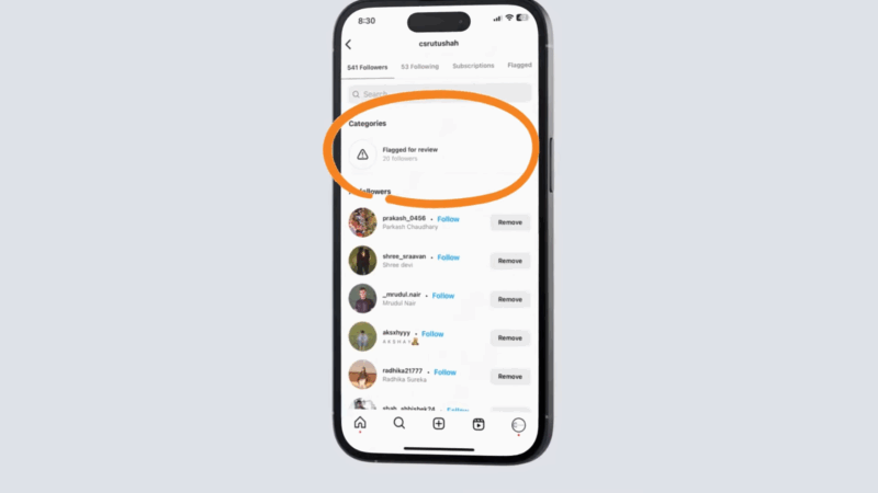 A smartphone screen shows a follower list on Instagram, highlighting a "Flagged for review" category that may affect account visibility