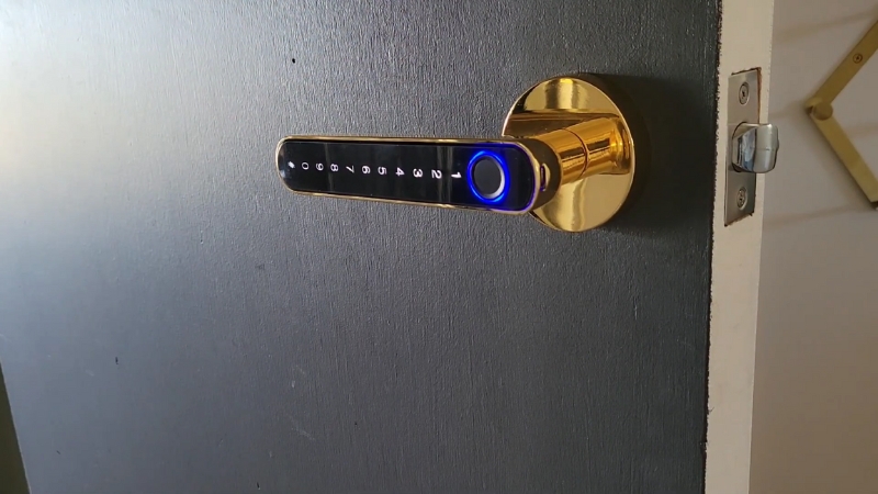 Modern smart lock with touchscreen keypad and gold handle installed on a black door for enhanced home security