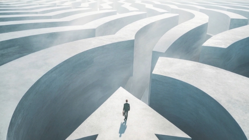 A person in a suit walking toward a large maze shaped like an arrow path