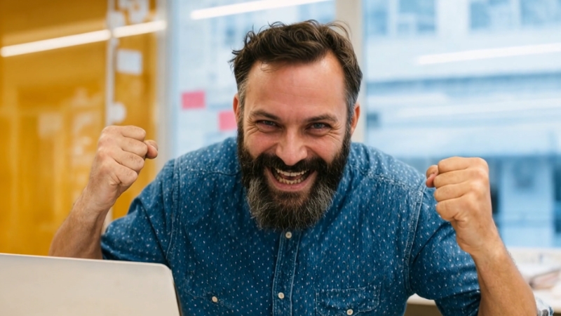 A man at a desk smiling and raising his fists in excitement as part of a growing leadership team